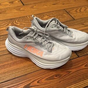 Hoka Bondi 8 Light Gray and White Athletic Shoes